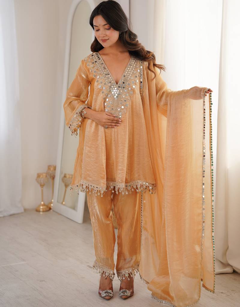 Chiku color fendy crush fabric mirror and coding embroidery work heavy ceremonial attire