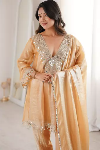 Chiku color fendy crush fabric mirror and coding embroidery work heavy ceremonial attire