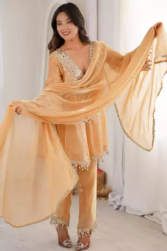 Chiku color fendy crush fabric mirror and coding embroidery work heavy ceremonial attire