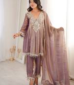 Purple color fendy crush fabric mirror and coding embroidery work heavy ceremonial attire