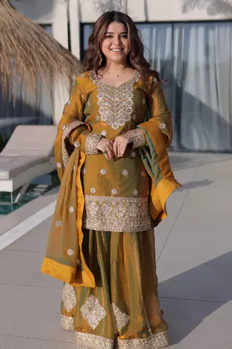 Gold color fendy chiffon fabric jari and sequance embroidery work heavy ceremonial attire