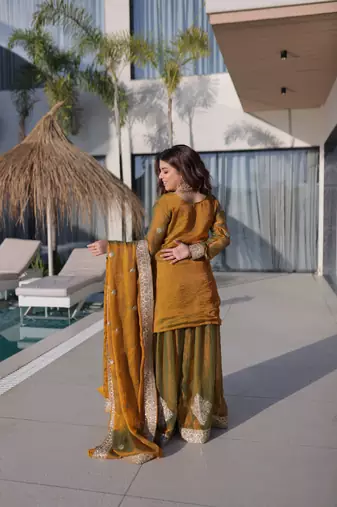 Gold color fendy chiffon fabric jari and sequance embroidery work heavy ceremonial attire