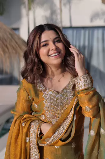 Gold color fendy chiffon fabric jari and sequance embroidery work heavy ceremonial attire