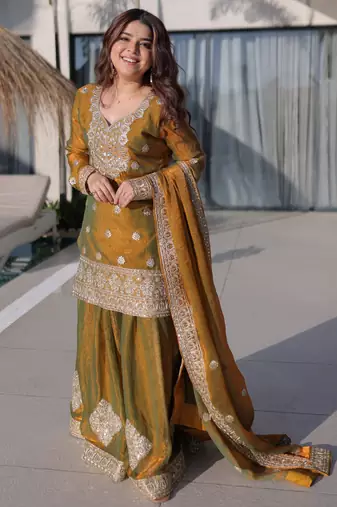 Gold color fendy chiffon fabric jari and sequance embroidery work heavy ceremonial attire