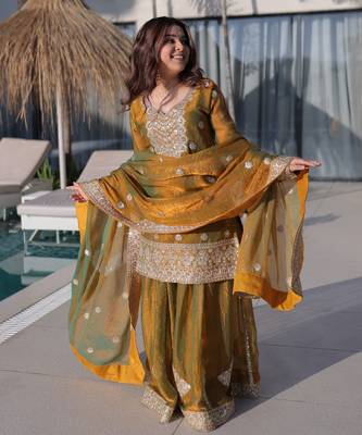 Gold color fendy chiffon jari and sequance embroidery heavy ceremonial attire 5