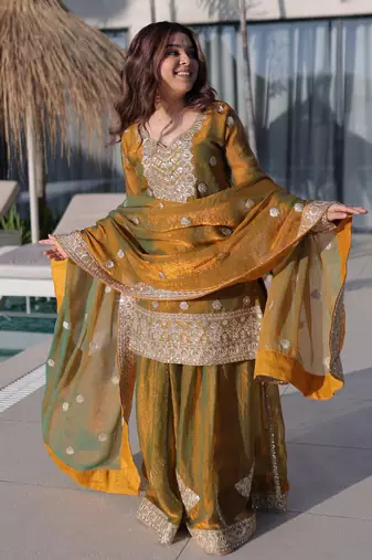 Gold color fendy chiffon fabric jari and sequance embroidery work heavy ceremonial attire