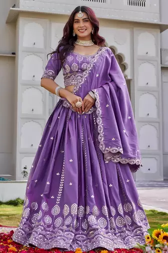 Purple Color Embroidery Sequence Work  Silk Lahenga Choli Set