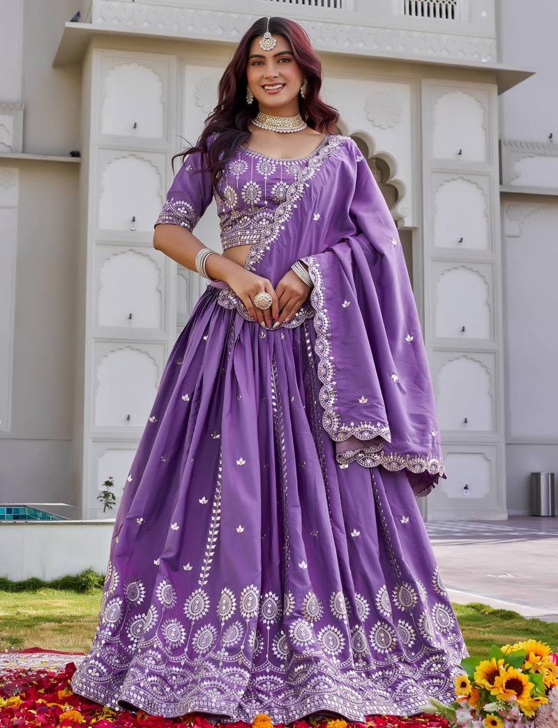 Purple Color Embroidery Sequence Work  Silk Lahenga Choli Set
