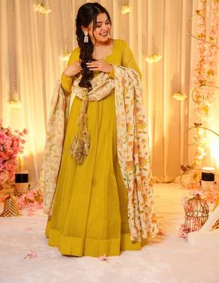 Mustard color sophisticated soft silk gown with stylish dupatta 3