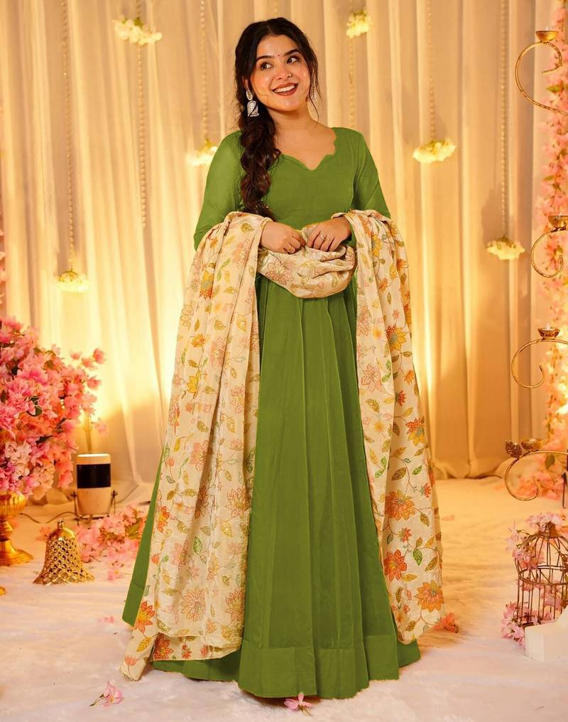 Green color sophisticated soft silk gown with stylish dupatta