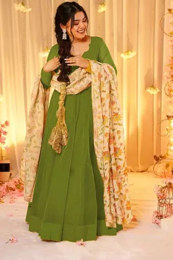 Green color sophisticated soft silk gown with stylish dupatta