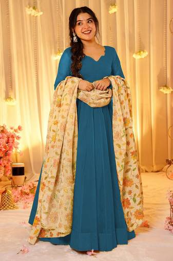 Blue color sophisticated soft silk gown with stylish dupatta