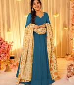 Blue color sophisticated soft silk gown with stylish dupatta