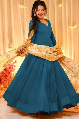 Blue color sophisticated soft silk gown with stylish dupatta