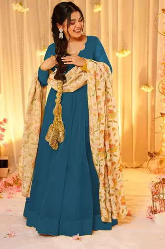 Blue color sophisticated soft silk gown with stylish dupatta