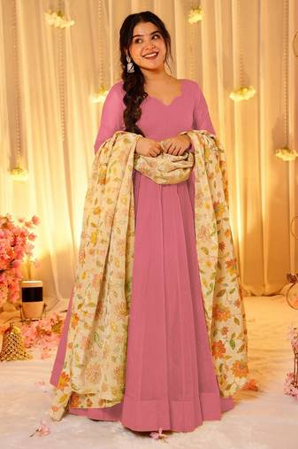 Pink color sophisticated soft silk gown with stylish dupatta
