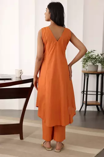 Orange color beautiful solid blended cotton top bottom set