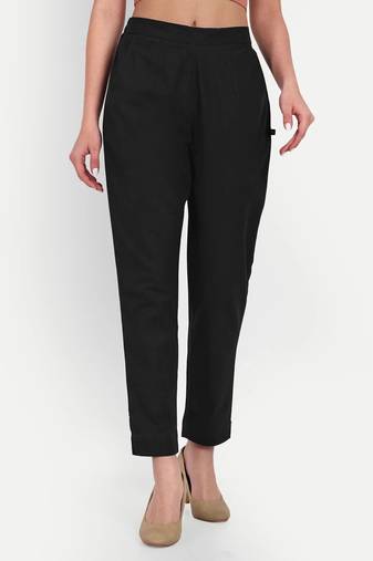 black cotton high waist trousers for women with side pocket
