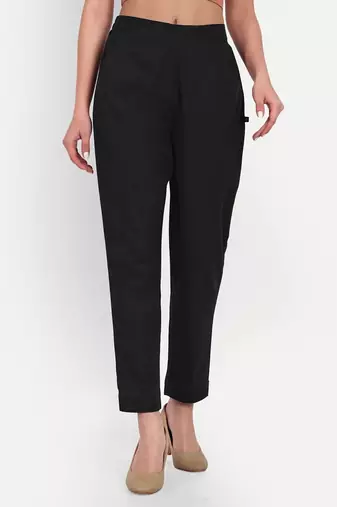 black cotton high waist trousers for women with side pocket