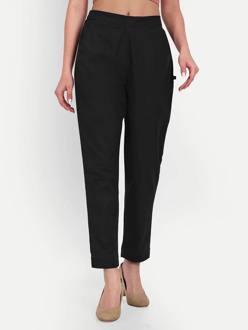 black cotton high waist trousers for women with side pocket