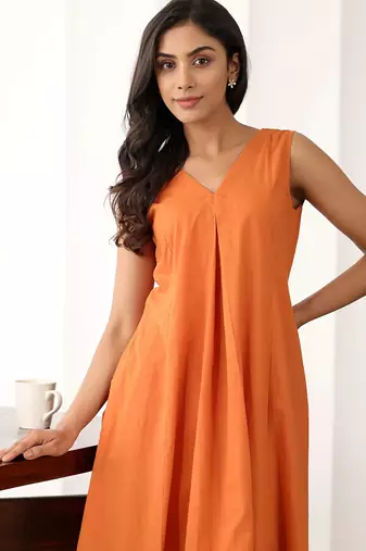 Orange color beautiful solid blended cotton top bottom set