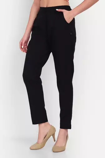 black cotton high waist trousers for women with side pocket