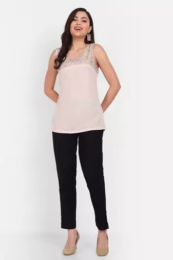 black cotton high waist trousers for women with side pocket