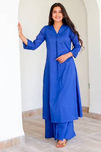 Blue color beautiful solid designer blended cotton top bottom set