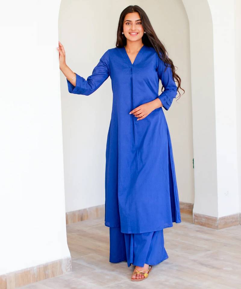 Blue color beautiful solid designer blended cotton top bottom set
