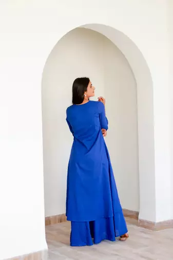 Blue color beautiful solid blended cotton top bottom set