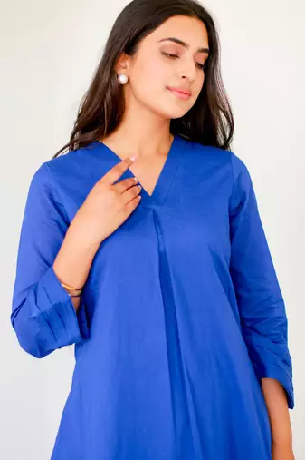 Blue color beautiful solid blended cotton top bottom set