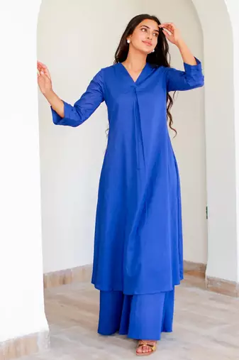 Blue color beautiful solid blended cotton top bottom set