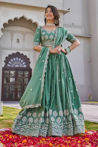 Teal Color Embroidery Sequence Work  Silk Lahenga Choli Set