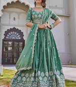 Teal Color Embroidery Sequence Work  Silk Lahenga Choli Set