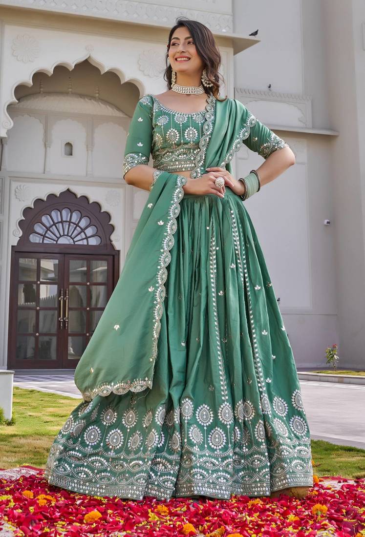 Teal Color Embroidery Sequence Work  Silk Lahenga Choli Set