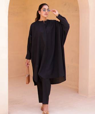 Black color beautiful solid blended cotton top bottom set 4