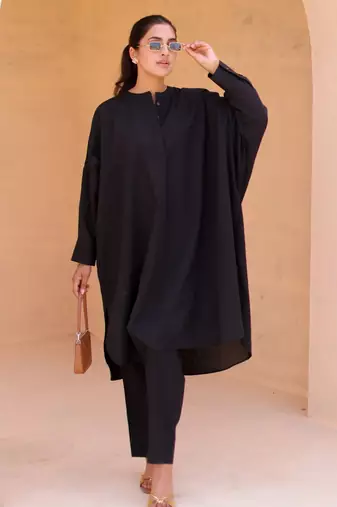 Black color beautiful solid blended cotton top bottom set