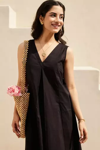 Black color beautiful solid blended cotton top bottom set