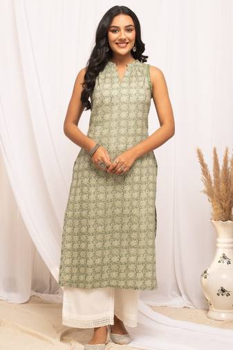 Pista color cotton fabric designer printed stylish long kurti