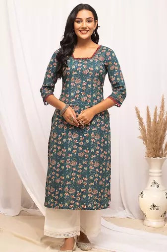 Blue color cotton fabric designer printed stylish long kurti