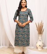 Blue color cotton fabric designer printed stylish long kurti