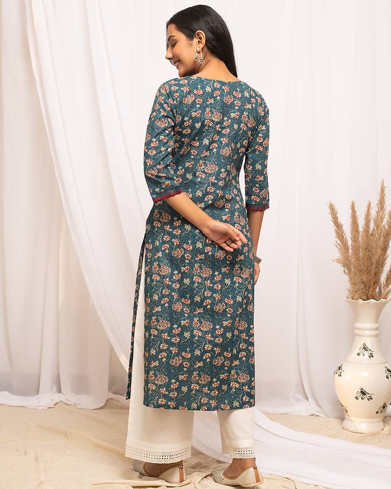 Blue color cotton fabric designer printed stylish long kurti