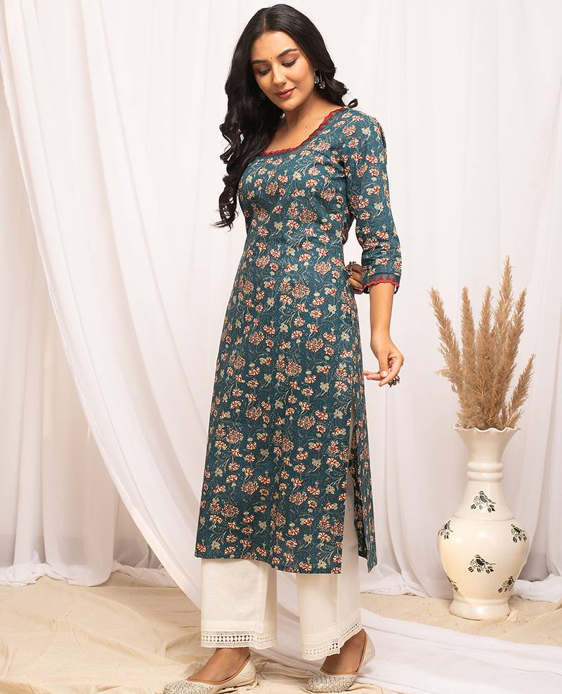 Blue color cotton fabric designer printed stylish long kurti