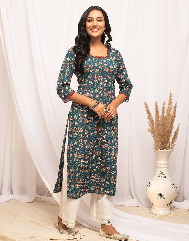 Blue color cotton fabric designer printed stylish long kurti