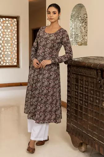 Brown color cotton fabric designer printed stylish long kurti