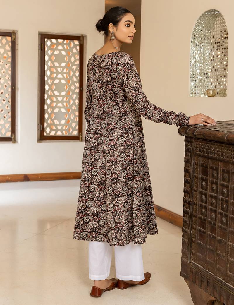 Brown color cotton fabric designer printed stylish long kurti