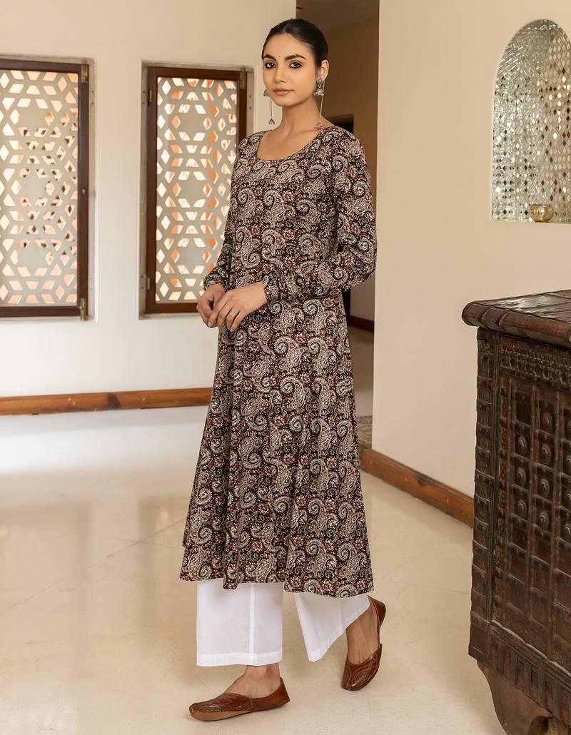 Brown color cotton fabric designer printed stylish long kurti