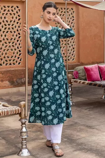Teal color cotton fabric designer printed stylish long kurti