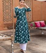 Teal color cotton fabric designer printed stylish long kurti