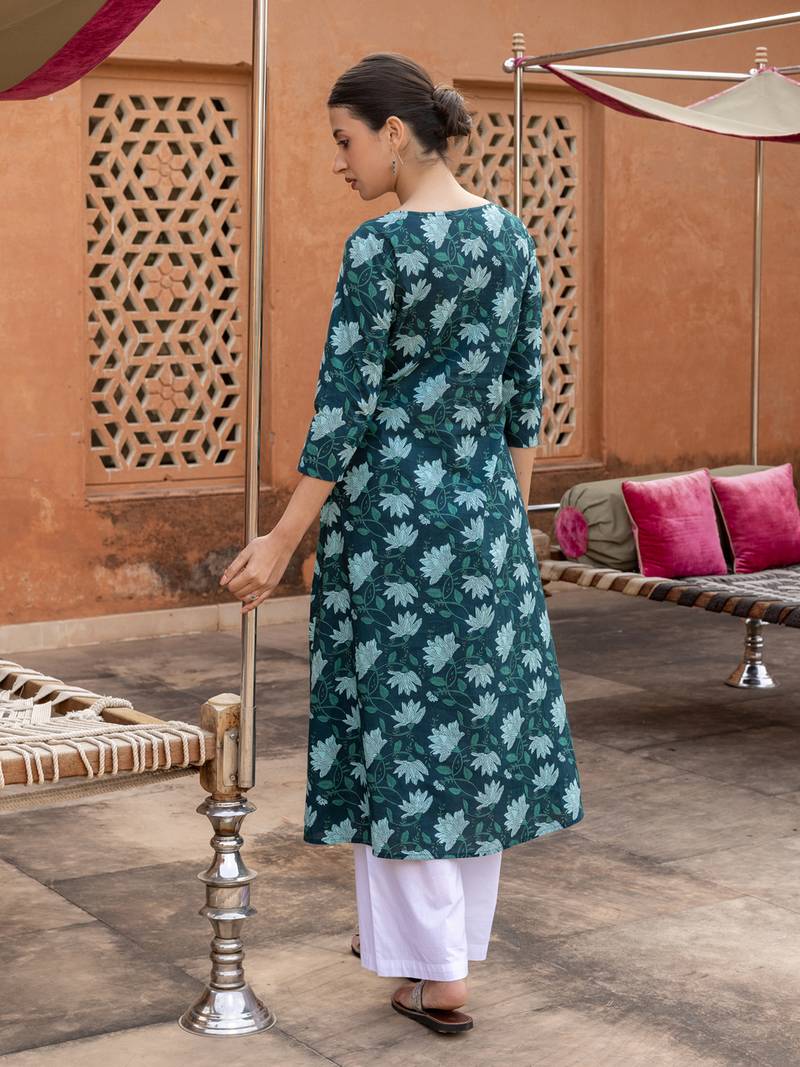 Teal color cotton fabric designer printed stylish long kurti